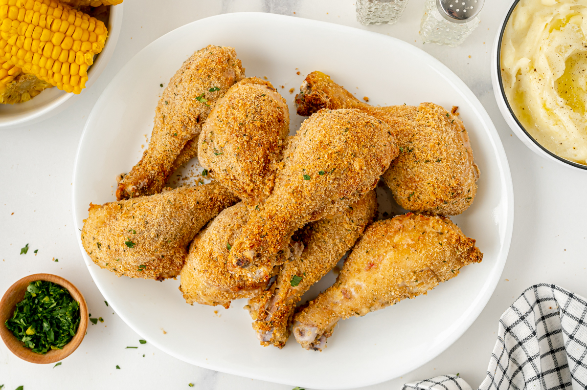 overhead shot of platter of oven fried chicken