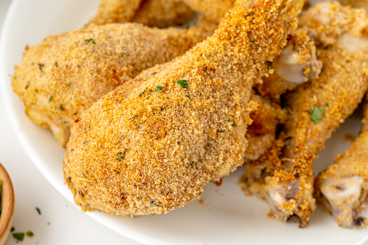 close up angled shot of baked chicken drumstick