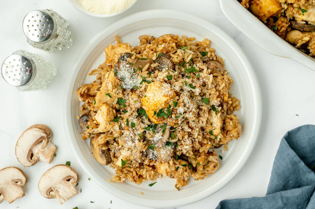 overhead shot of plate of chicken and rice