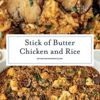 collage of stick of butter chicken and rice