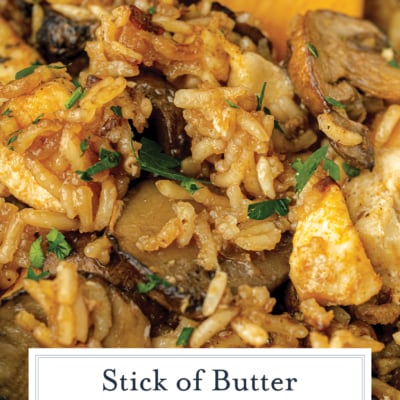 close up of chicken, rice and mushrooms on wooden spoon with text overlay