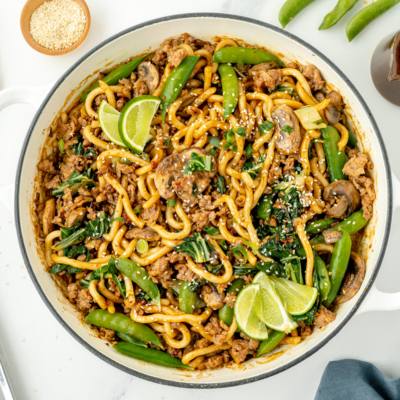 overhead shot of pan udon noodle stir fry