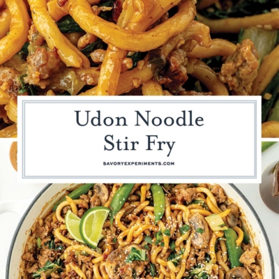 collage of udon noodle stir fry