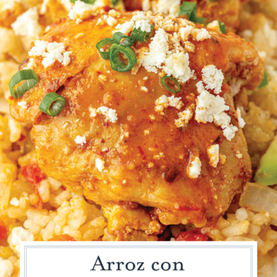 close up angled shot of arroz con pollo on a plate with text overlay