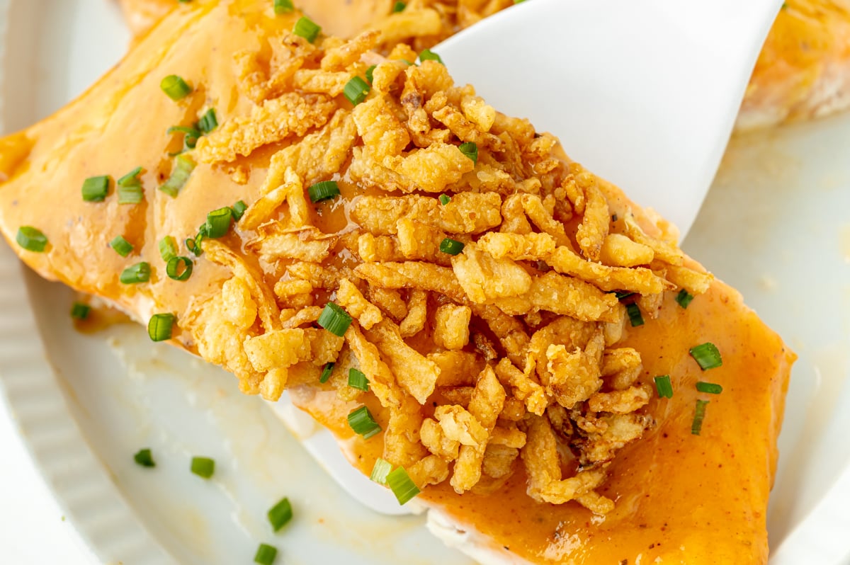 close up shot of bbq baked salmon on spatula