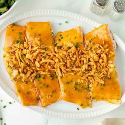 overhead shot of salmon fillets on serving dish