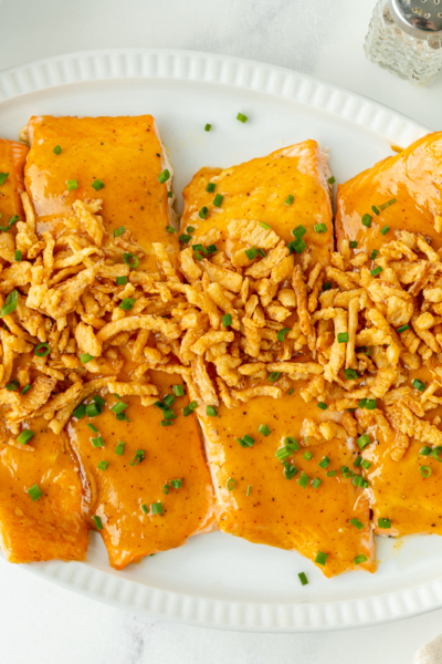 overhead shot of salmon fillets on serving dish
