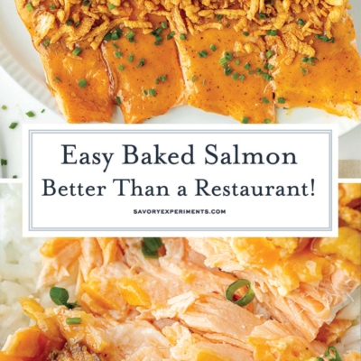 collage of baked salmon with sweet glaze and crispy onions