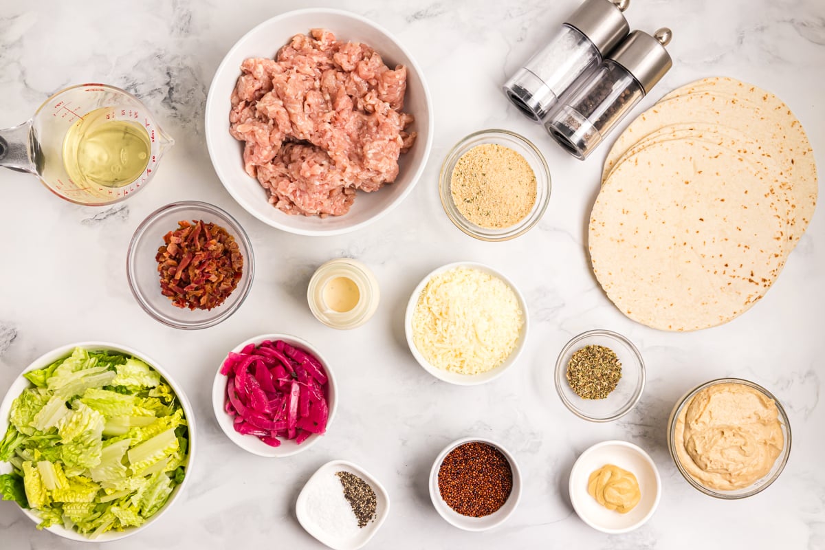 overhead shot of chicken caesar smash tacos ingredients