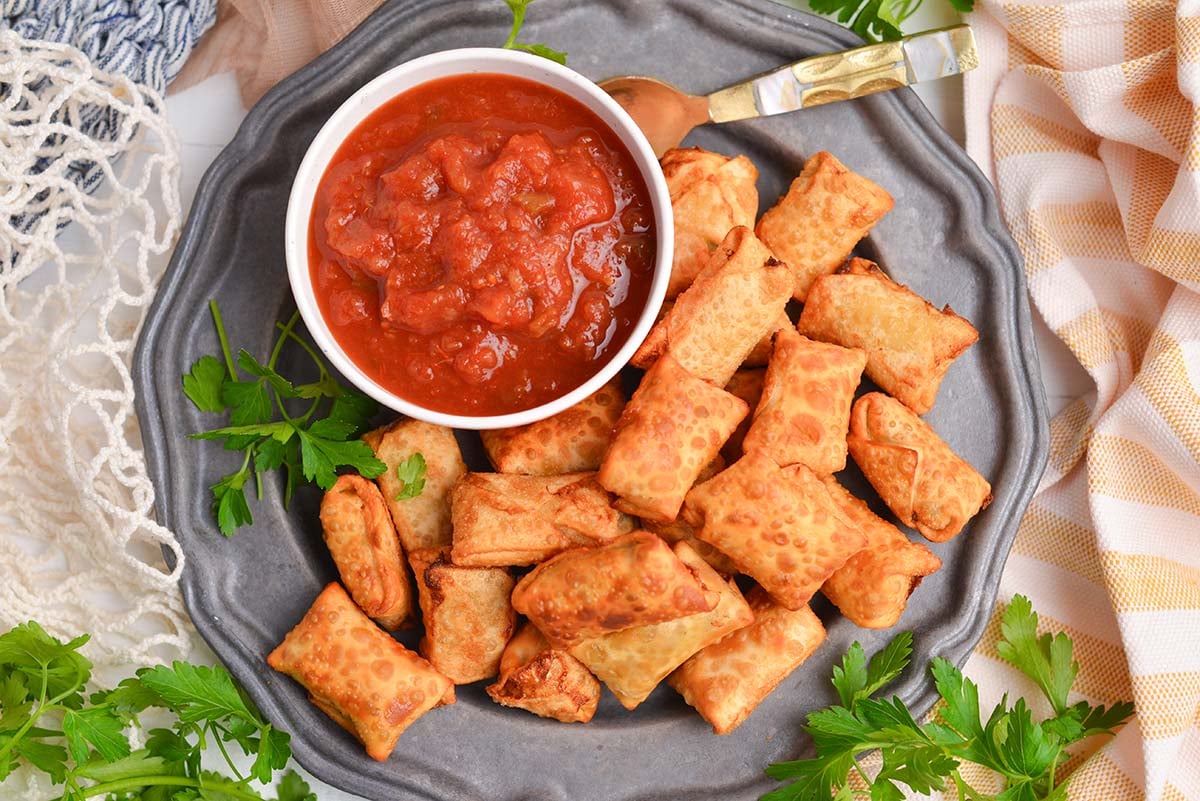 overhead view of a plate of mini chile rellenos