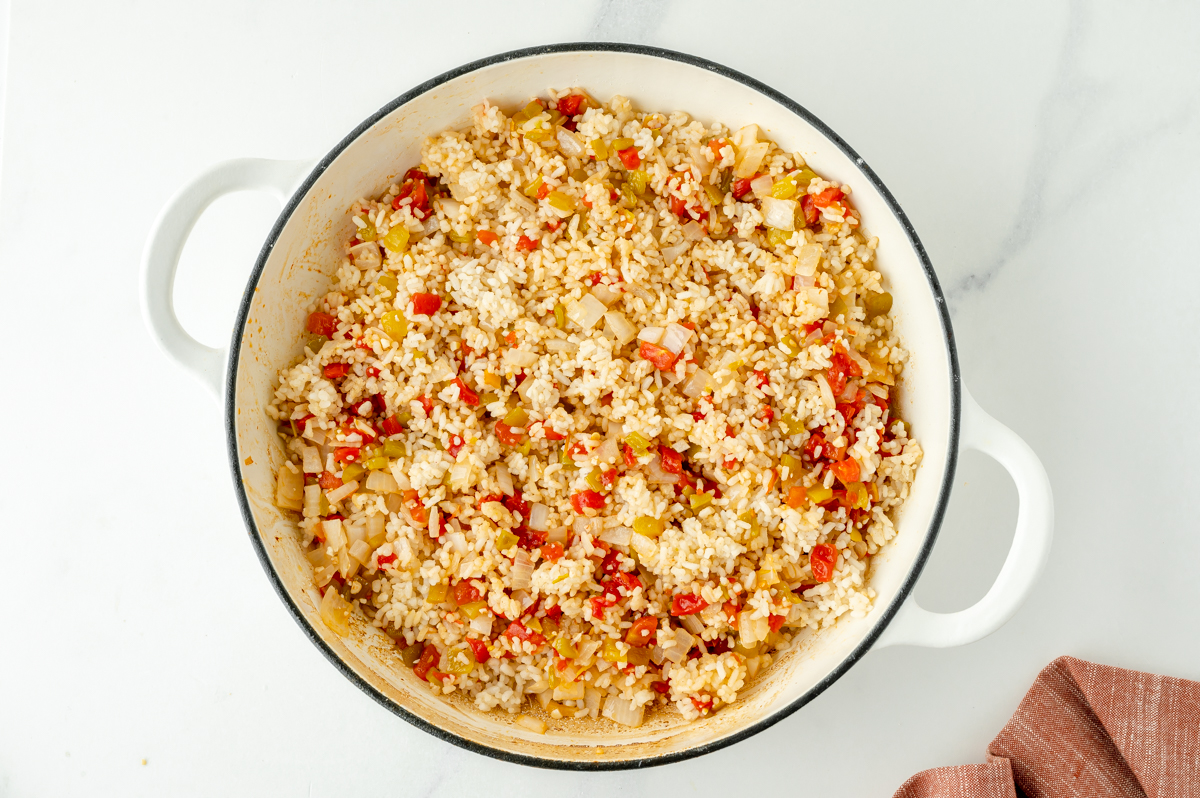 rice and veggies in pan