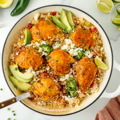 overhead shot of pan of arroz con pollo