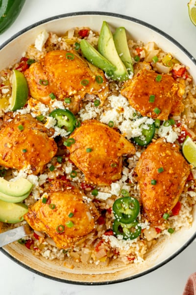 overhead shot of pan of arroz con pollo