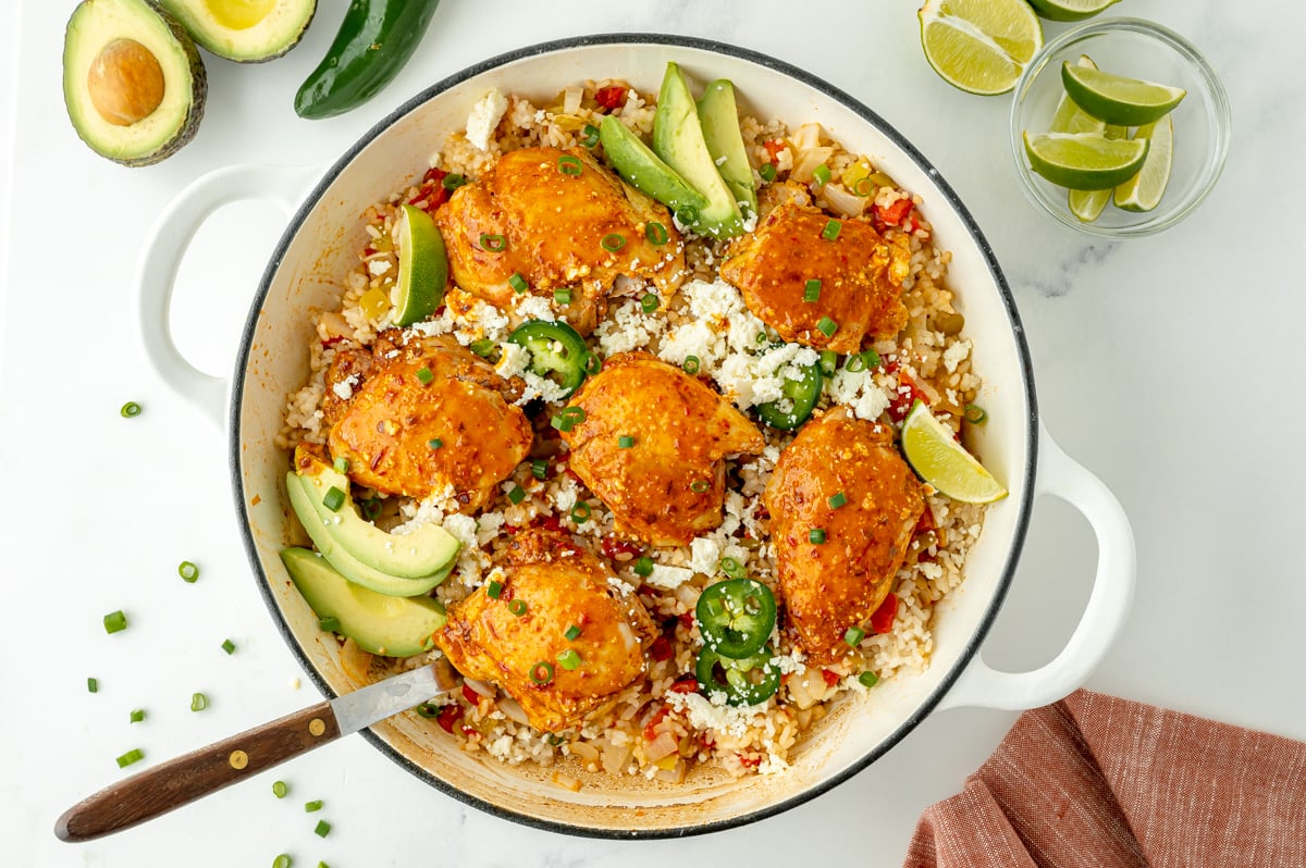 overhead shot of pan of arroz con pollo