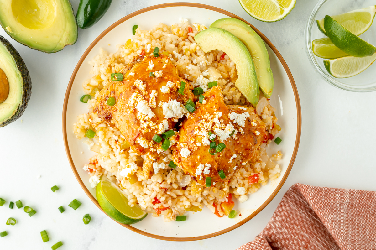 overhead shot of plate of arroz con pollo