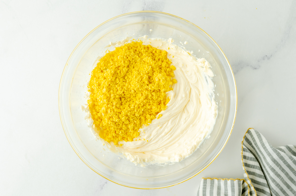 mashed egg yolks and mayonnaise in bowl