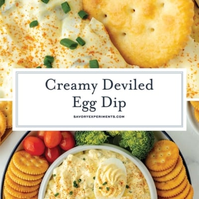 collage of deviled egg dip