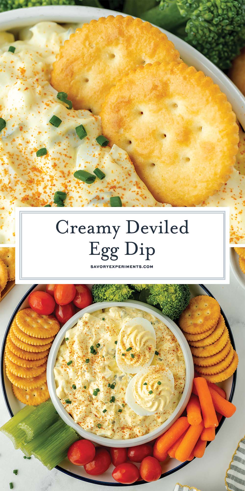 collage of deviled egg dip