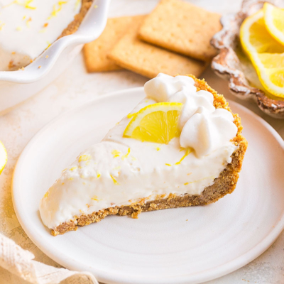 angled shot of lemonade pie on plate
