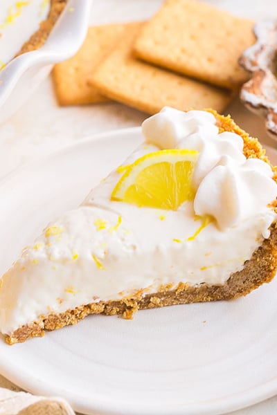 angled shot of lemonade pie on plate