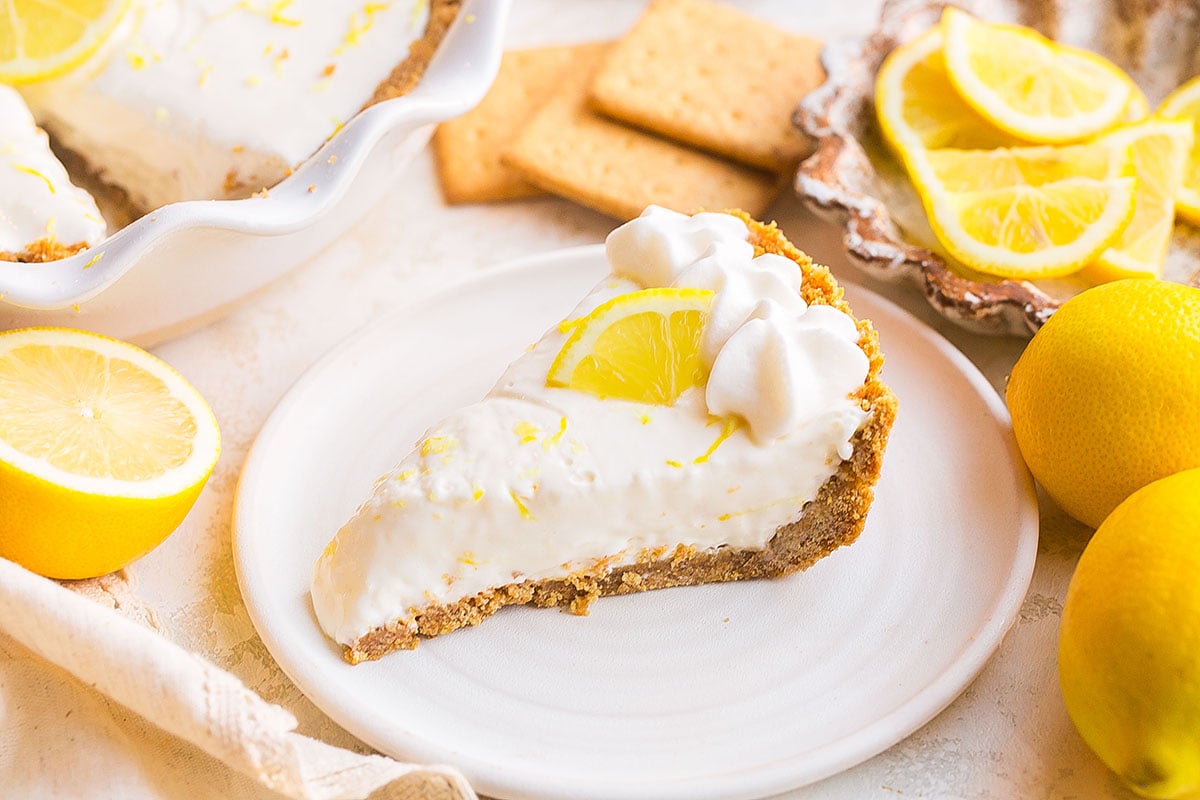 angled shot of lemonade pie on plate
