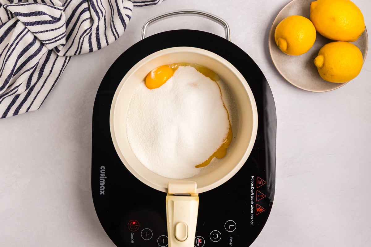 sugar and eggs in saucepan