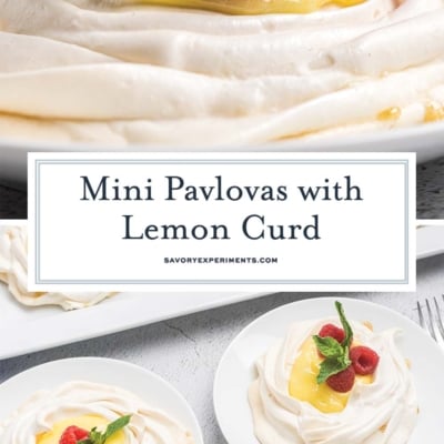 collage of mini pavlovas with lemon curd