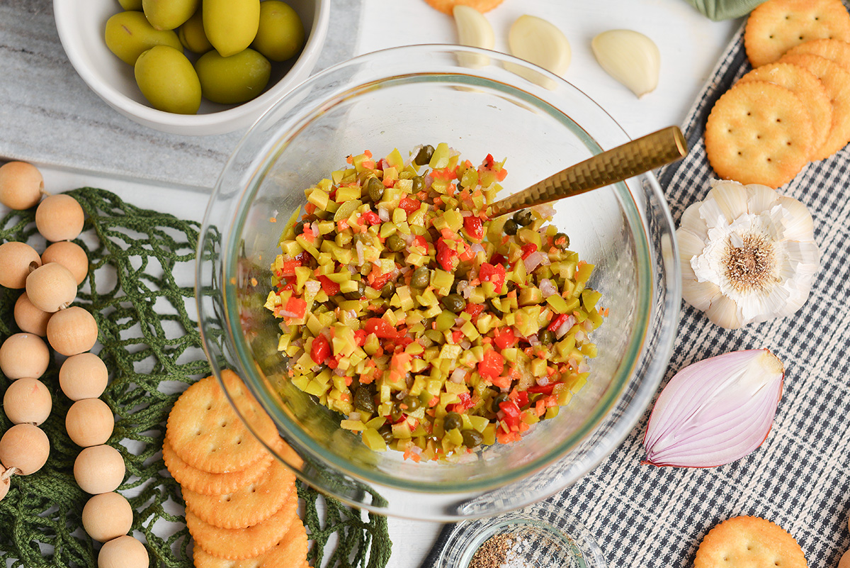 mixed green olive recipe in a glass bowl