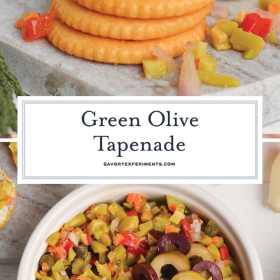 collage of green olive tapenade recipe images