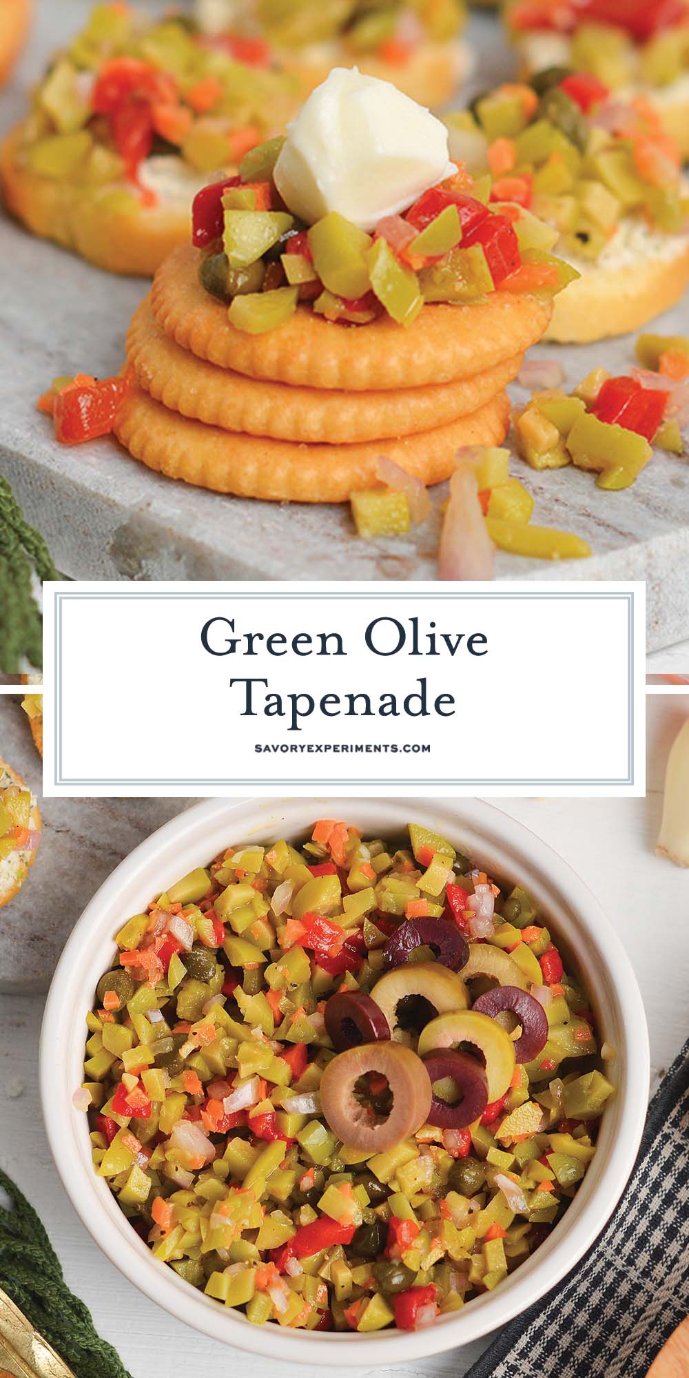 collage of green olive tapenade recipe images