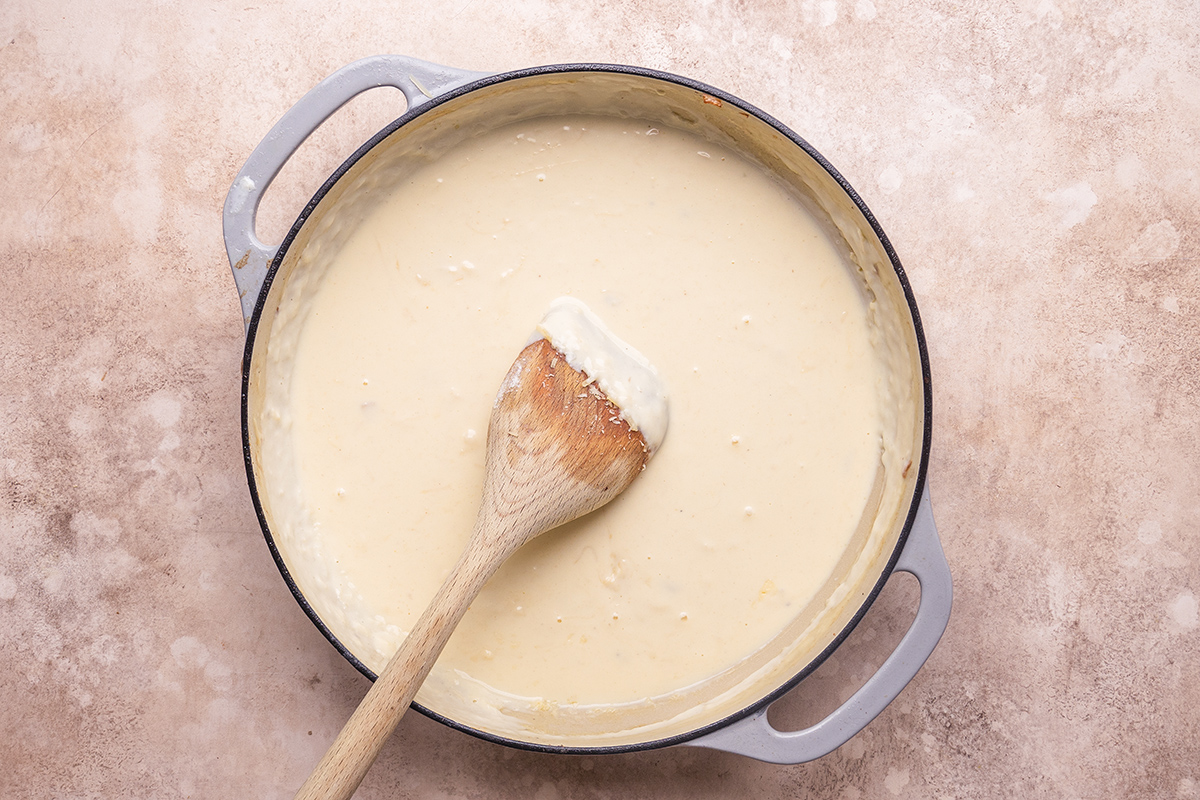 white cream sauce in a skillet