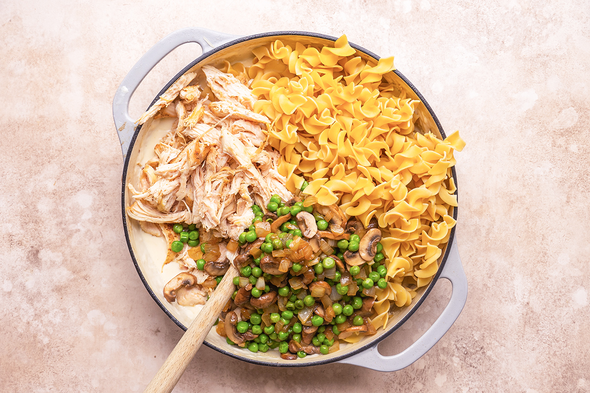 chicken, veggies and noodles in a skillet