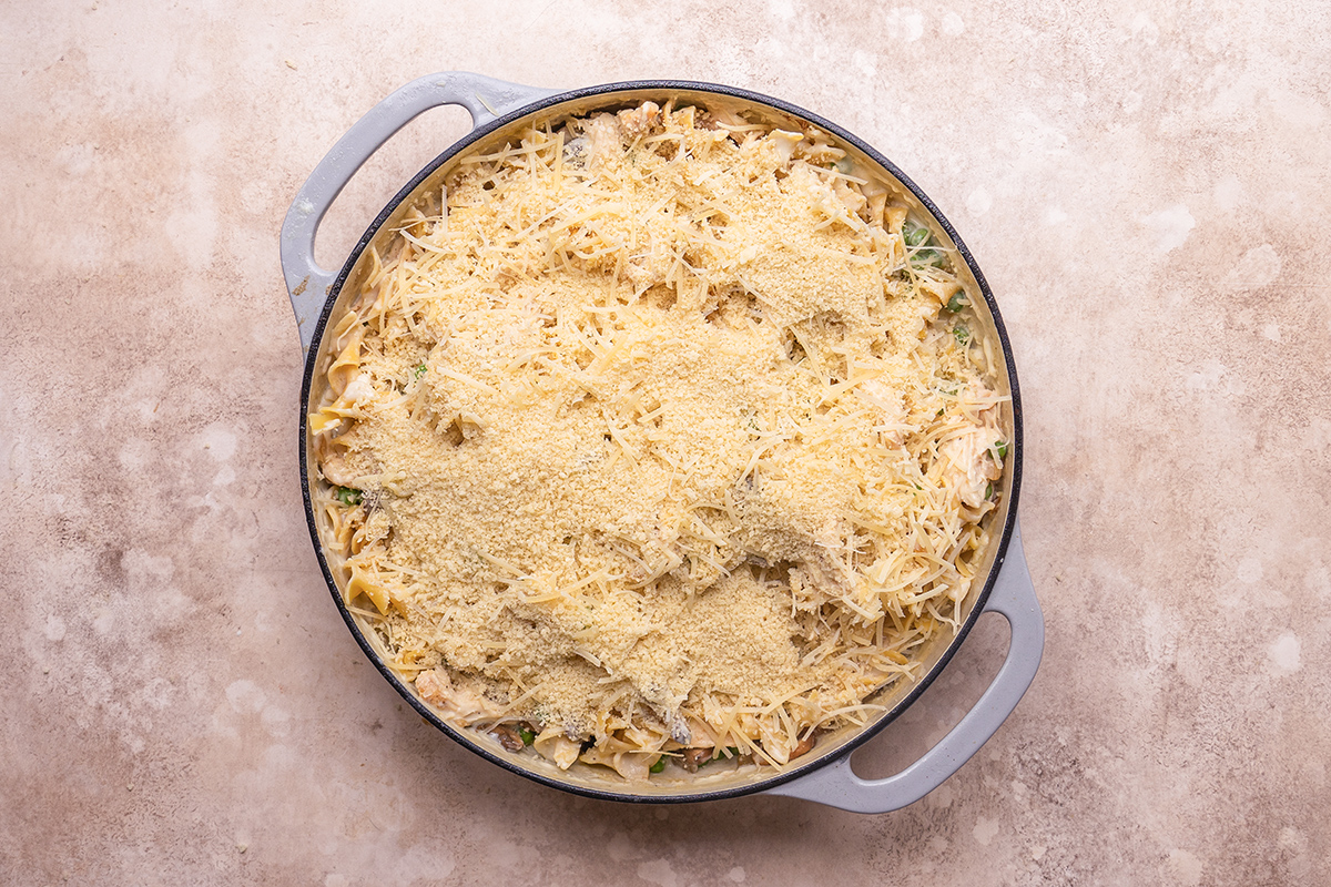 chicken tetrazzini with bread crumb and cheese topping