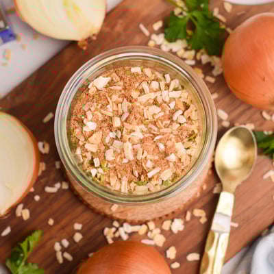 Homemade onion soup mix in a glass jar