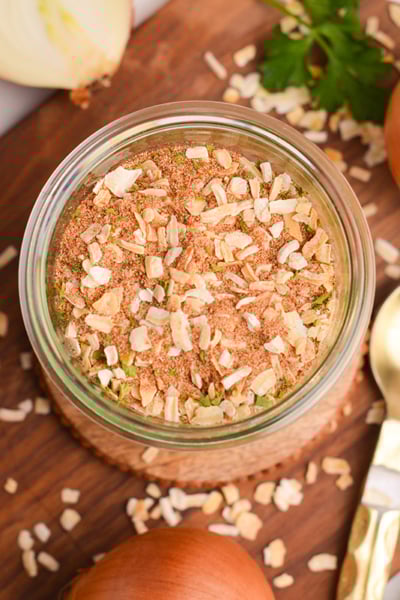 Homemade onion soup mix in a glass jar