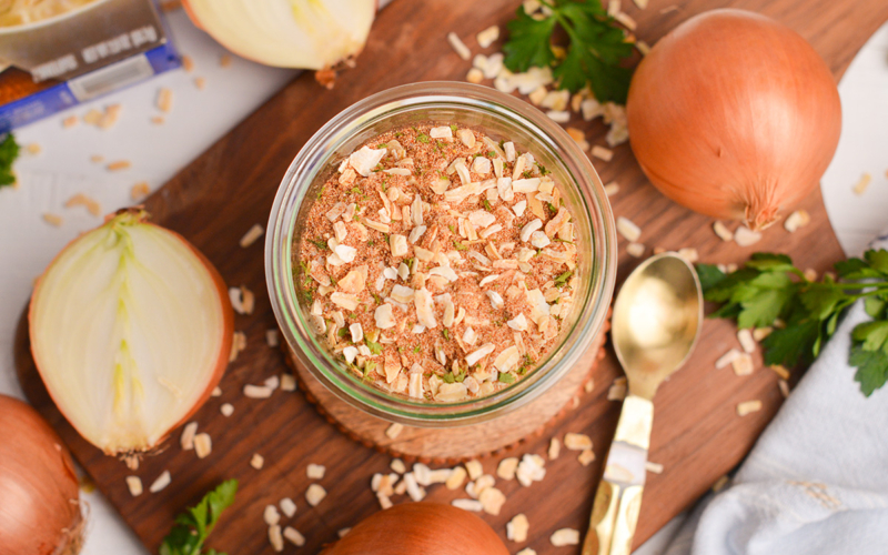 Homemade onion soup mix in a glass jar