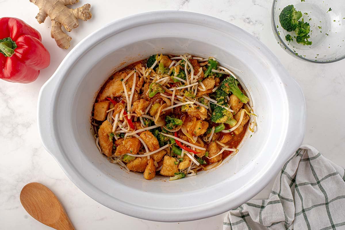overhead shot of cashew chicken in slow cooker