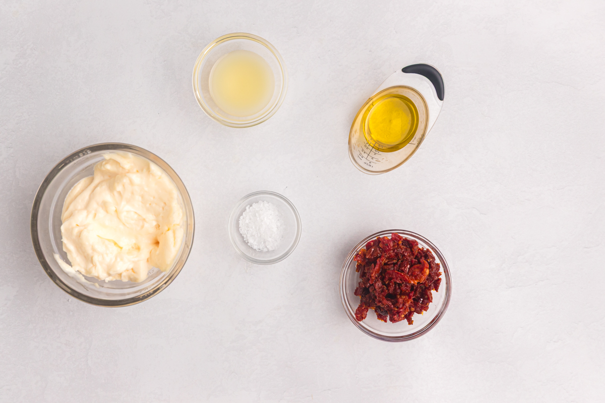 overhead shot of homemade aioli ingredients