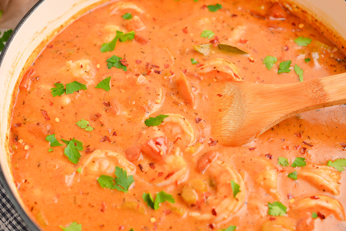 creamy tomato sauce with shrimp in a skillet