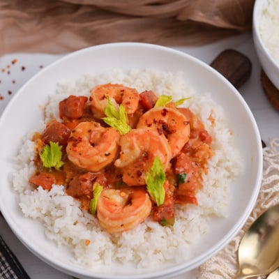 angle of voodoo shrimp creole over rice