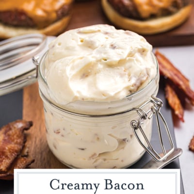 close up of bacon aioli dipping sauce with text overlay