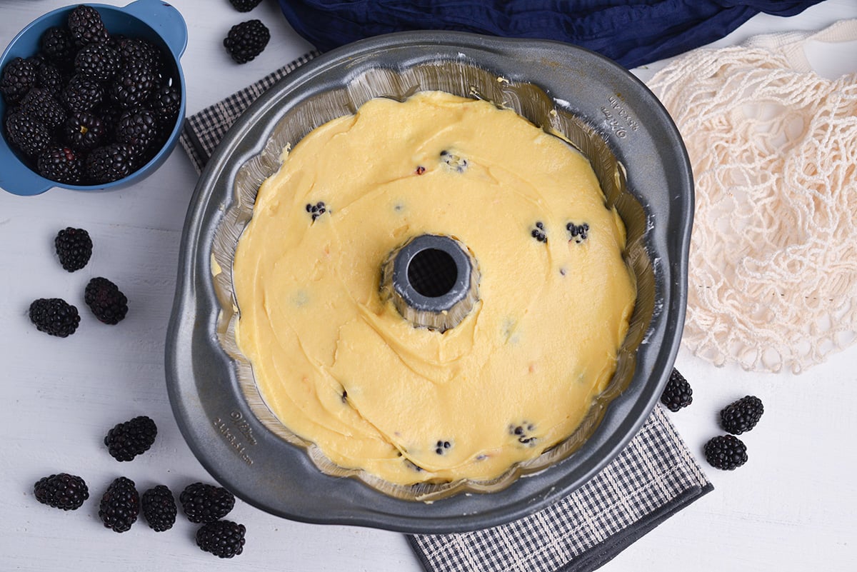 Blackberry cake batter in floured bundt pan before baking