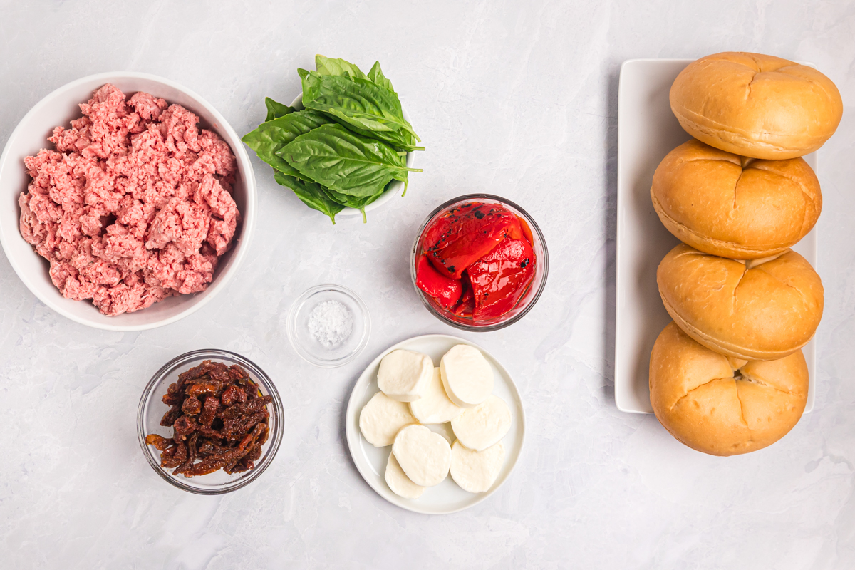 overhead shot of caprese burgers ingredients