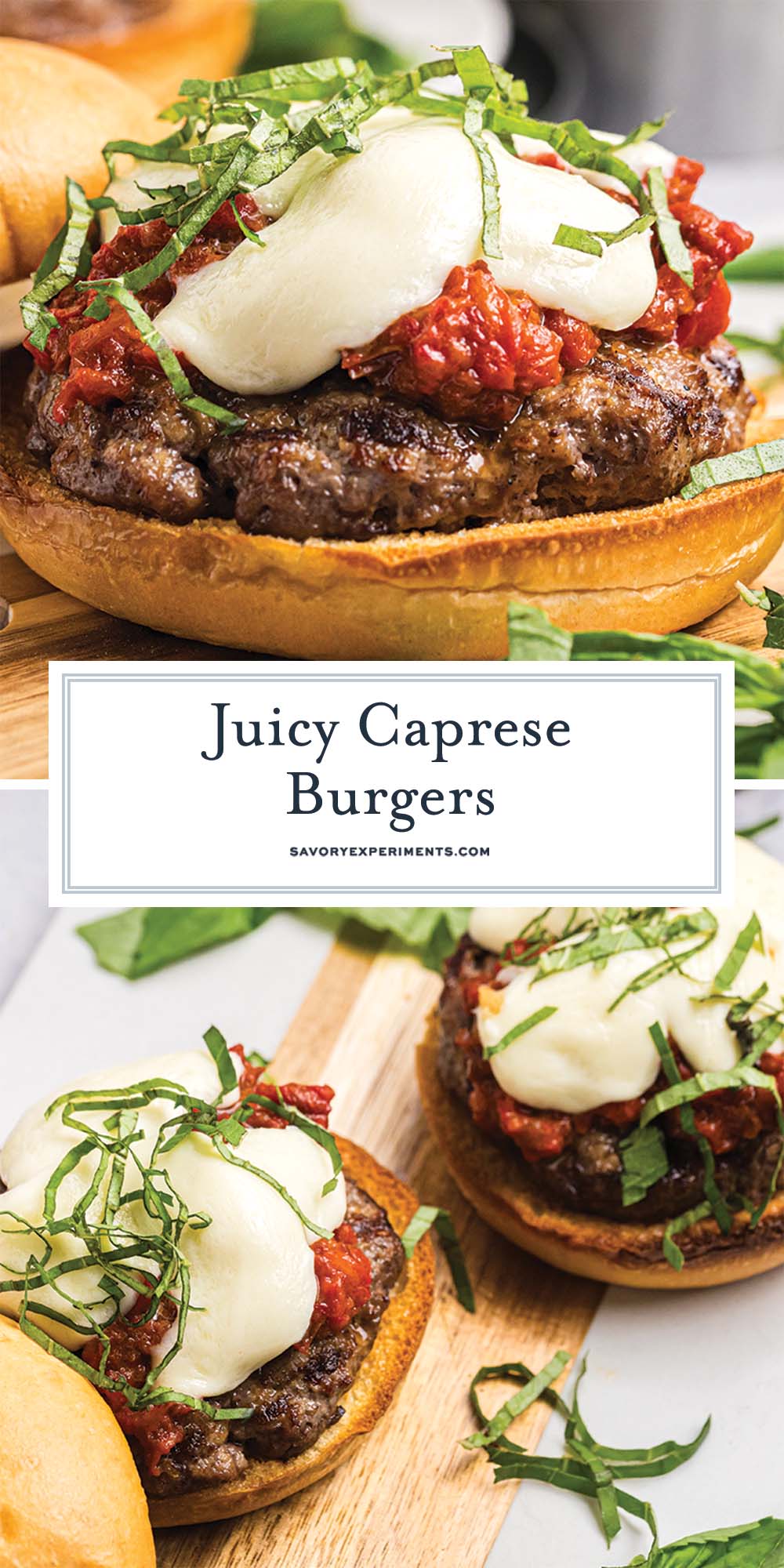 Collage showing caprese burgers with mozzarella, basil, and tomato spread