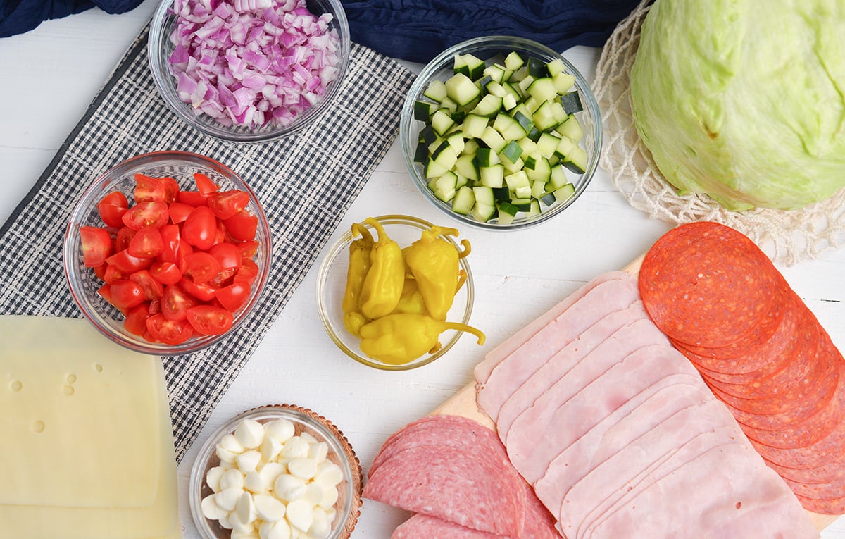 overhead shot of italian grinder salad ingredients