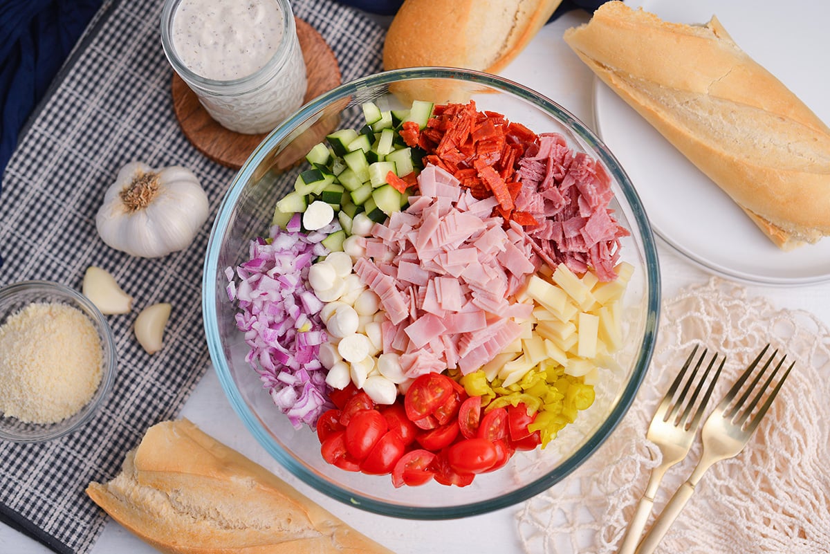 chopped italian grinder salad with ham pepperoni mozzarella and tomatoes