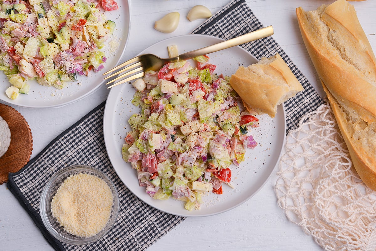 fresh grinder salad with creamy parmesan dressing
