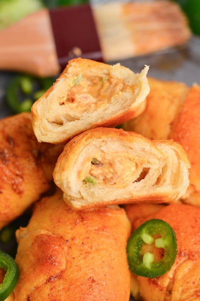 overhead shot of jalapeno puff cut in half