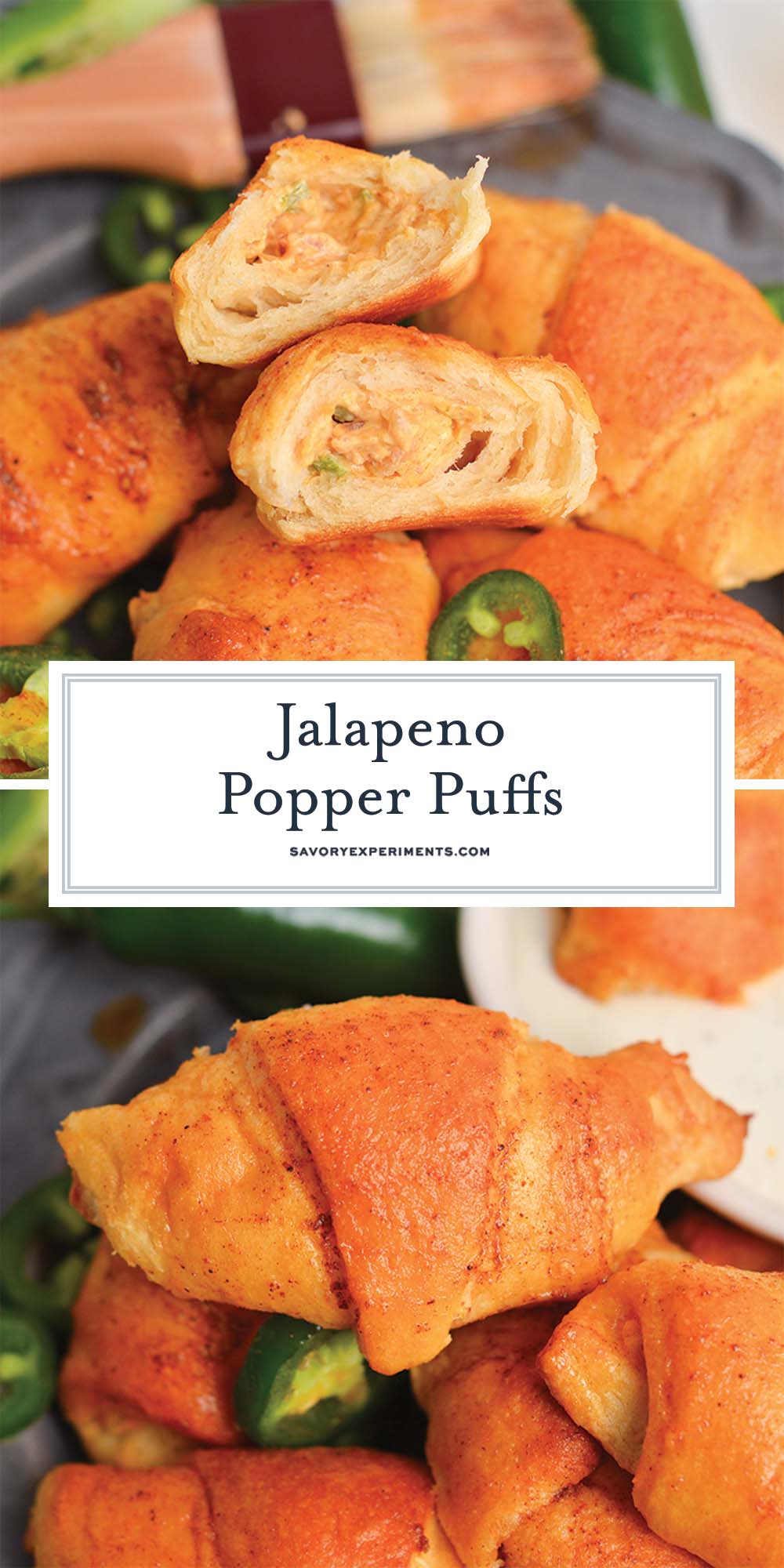 Pinterest collage of baked jalap&ntilde;o popper puffs with cream cheese, bacon, and jalape&ntilde;os