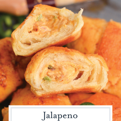 close up of jalapeno popper puff cut in half with text overlay